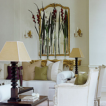 白色,沙发,花瓶,花,正面,镜子,墙壁,桌子