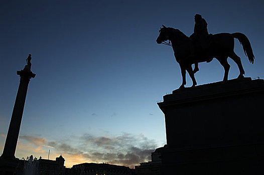 英格兰,伦敦,特拉法尔加广场,雕塑,乔治四世,骑马,纳尔逊纪念柱,剪影
