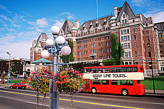 双层巴士,停放,正面,皇后酒店,花,篮子,维多利亚,温哥华岛,不列颠哥伦比亚省,加拿大