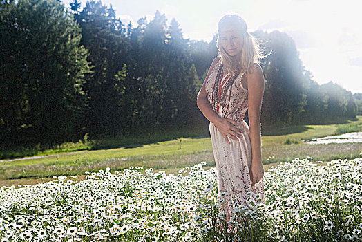 女人,站立,花,草地,瑞典