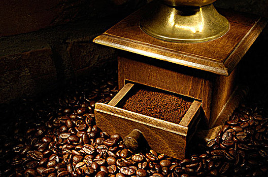 阿拉伯咖啡,咖啡豆,老,咖啡研磨机,发光,黄金,生动,灯光,艺术,静物