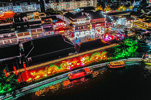 航拍江苏南京夫子庙秦淮河风光带夜景