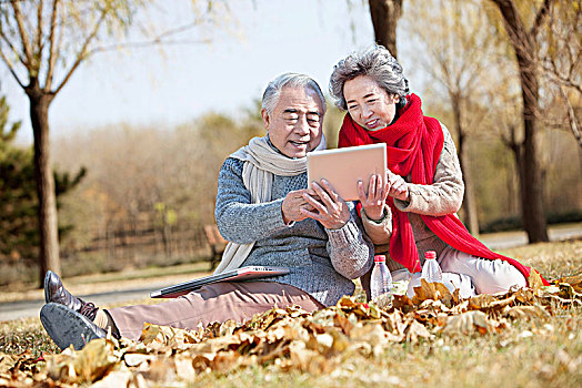 坐在地上看电脑的老夫妻