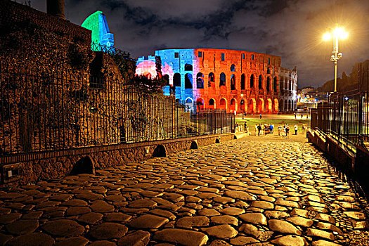 彩色,罗马角斗场,夜晚,石纹,街道,世界,地标,象征,罗马,意大利