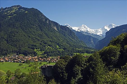 少女峰,山脉,坐,高处,因特拉肯,山谷,瑞士