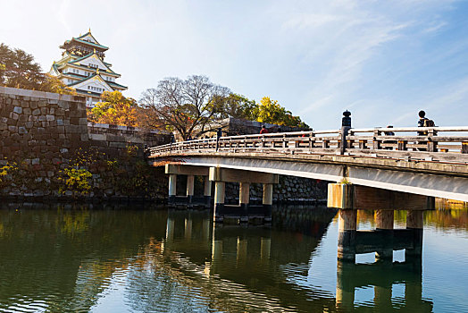 桥,大阪城,秋天