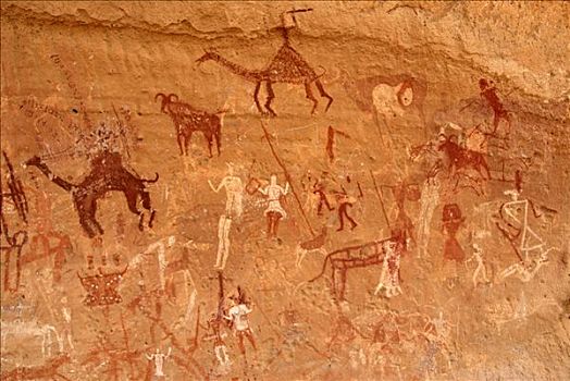 新石器时代,石头,绘画,人,动物,利比亚