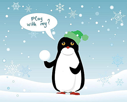 企鹅,动物,帽子,雪球,玩,绿色,冬季风景,对话气泡框,有趣,极地,冬天,鸟,旗帜,海报,贺卡,卡通,野生,风格,矢量