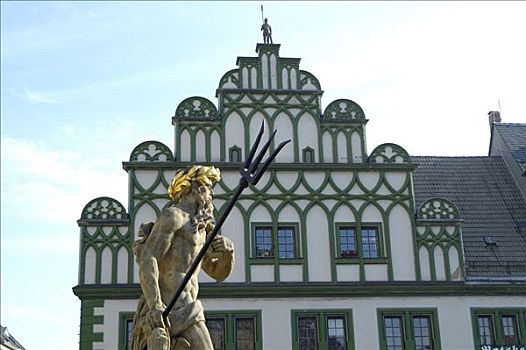 世界遗产,雕塑,喷泉,正面,老市政厅,魏玛,图林根州,德国
