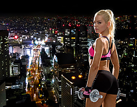 健身,练习,节食,概念,运动,女人,重,钢铁,哑铃,背影