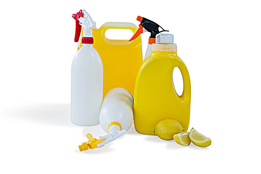 清洁,液体,瓶子,柠檬,白色背景