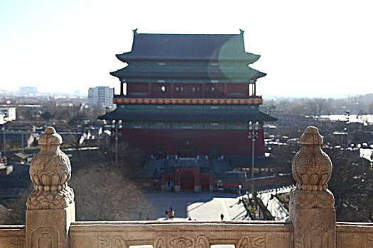 中国,北京,全景,风景,地标,建筑,街道,房屋,屋顶,钟鼓楼文化广场,鼓楼,钟楼