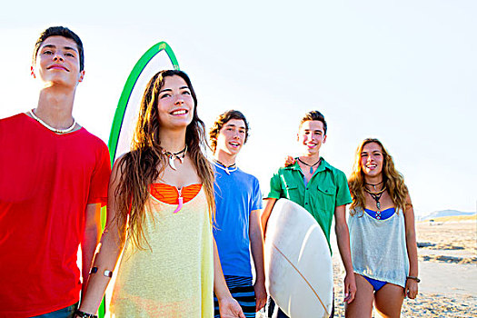 青少年,冲浪,男孩,女孩,群体,高兴,海岸,亮色调