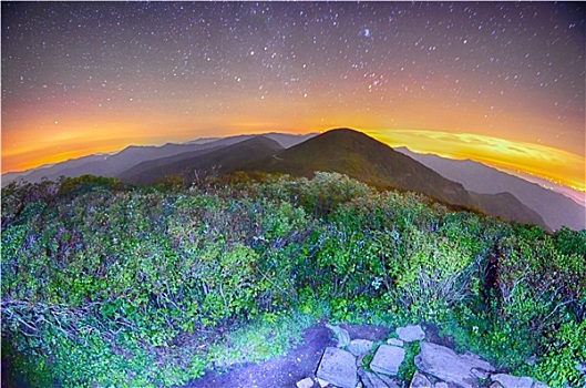 风景,阿巴拉契亚山脉,崎岖,顶峰,靠近,蓝脊公园大道,北卡罗来纳,夜晚