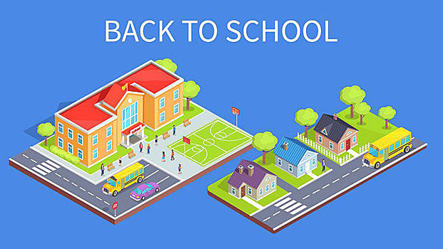 学校,区域,插画,道路,家,返校,海报,教育,矢量,建筑,体育场,停车场,屋舍,房子