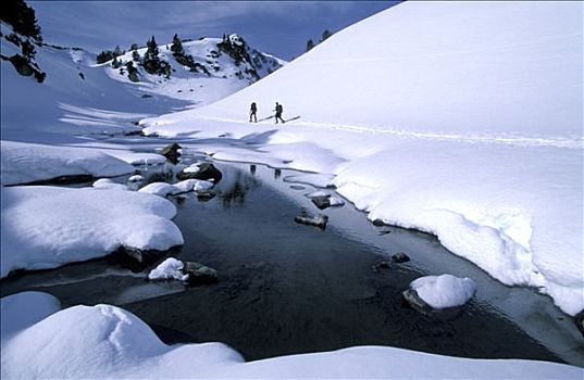 法国,两个人,雪鞋,靠近,湖