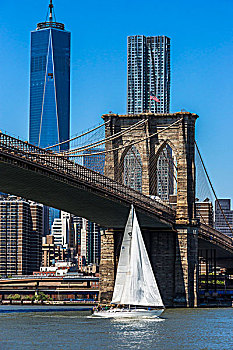 帆船,东河,布鲁克林大桥,曼哈顿,天际线,纽约,美国