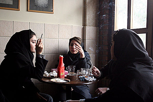 伊朗人,年轻,咖啡,北方,局部,首都,德黑兰,女人,烟,公用,伊朗