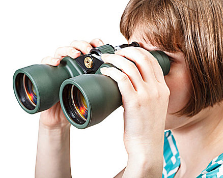 女孩,看,双筒望远镜,隔绝,白色背景