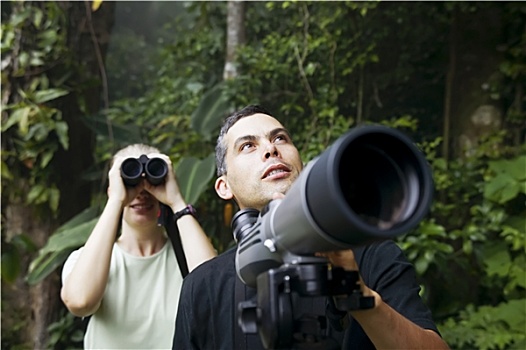 漂亮,女人,双筒望远镜,男人,望远镜,丛林