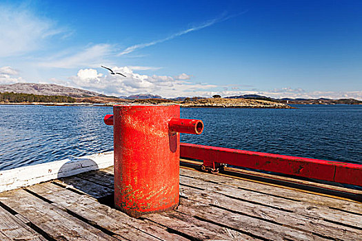 红色,停泊,系船柱,木质,码头,挪威