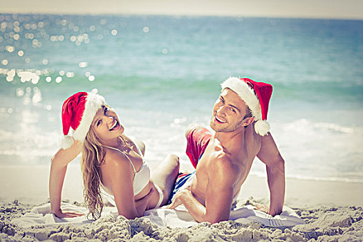 卧,可爱,情侣,穿,圣诞节,帽子,海滩