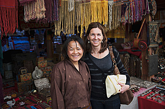 两个女人,市场,不丹人,工艺品,廷布,地区,不丹