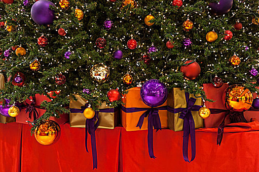 彩色,圣诞节饰物,彩灯,礼物,圣诞树