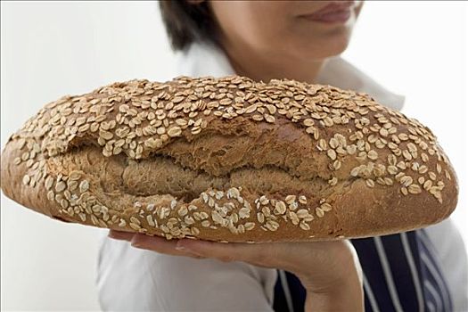 女人,拿着,面包,燕麦,手
