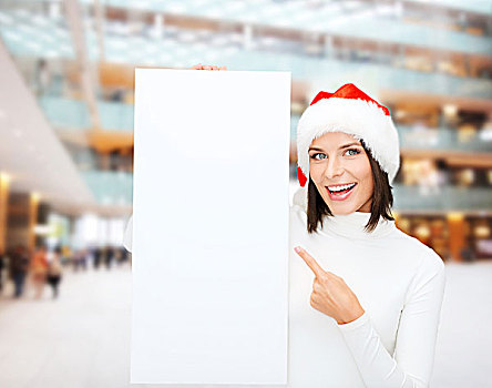 寒假,圣诞节,广告,人,概念,微笑,少妇,圣诞老人,帽子,白色,留白,广告牌,上方,购物中心,背景