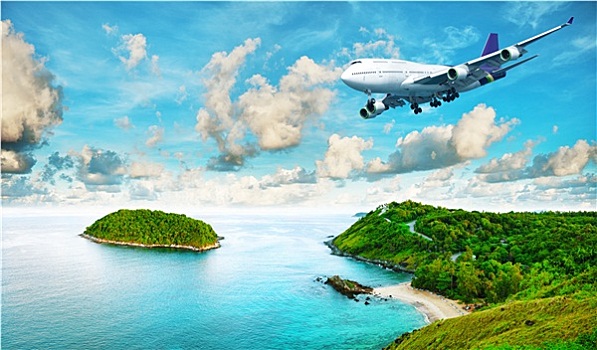 喷气式飞机,班轮,俯视,热带海岛,全景,构图