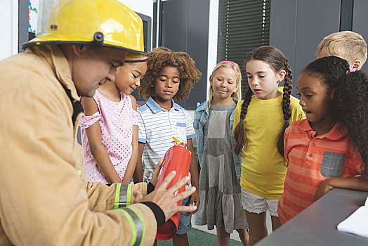 消防员,教育,灭火器,学童,教室