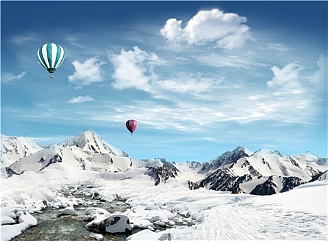 山景,雪,河流,热气球,飞,空中