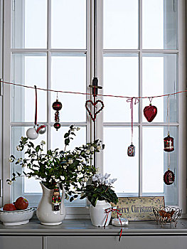 旧式,花瓶,花,窗台,圣诞装饰