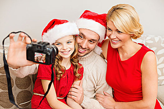 家庭,圣诞节,圣诞,高兴,人,概念,微笑,圣诞老人,帽子,照相,相机