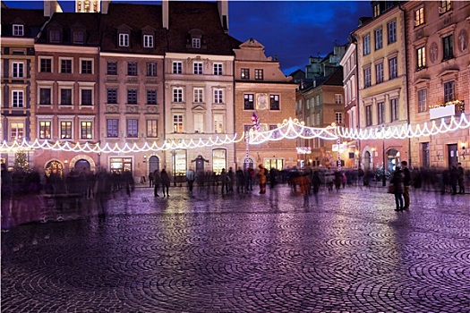老城,市场,夜晚,华沙