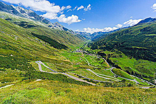 道路,急转弯,山,斜坡,绿色,地点,仰视,山谷,蒂芬巴赫,瑞士,欧洲