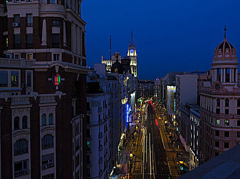 俯视图,格兰大道,光亮,夜晚,马德里,西班牙