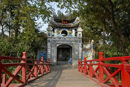 佛教,红色,木桥,入口,塔,还剑湖,河内,越南,东南亚,亚洲