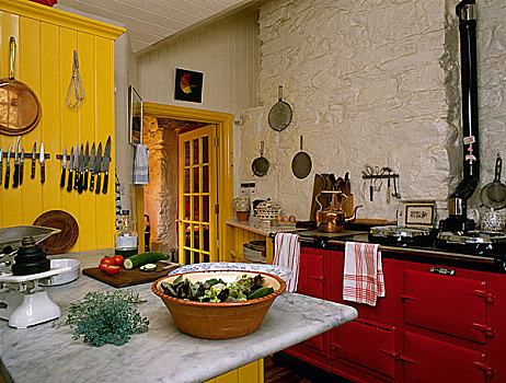 涂绘,石墙,红色,炉子,大理石,台面,天花板