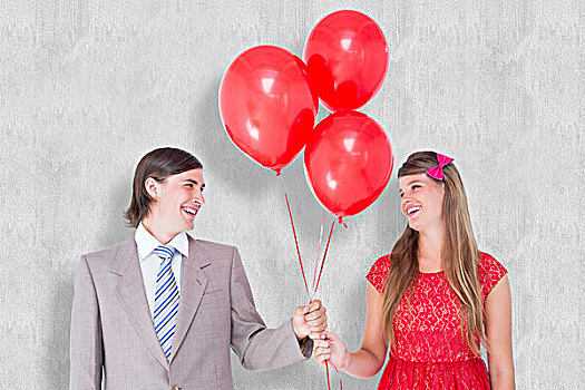 微笑,情侣,拿着,红色,气球
