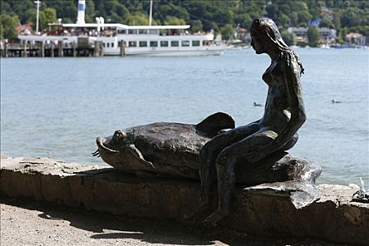 青铜,雕塑,小美人鱼,鲶鱼,2005年,湖,上巴伐利亚,德国,欧洲