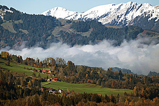晨雾,山谷,山,后面,巴特辛德朗,巴伐利亚,德国,欧洲