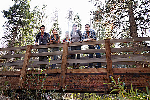 头像,五个,年轻人,朋友,木桥,树林,洛杉矶,加利福尼亚,美国