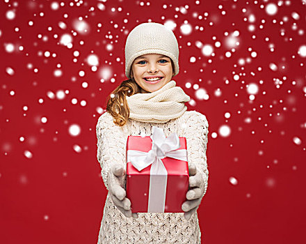 圣诞节,圣诞,冬天,高兴,概念,微笑,女孩,帽子,围巾,手套,礼盒