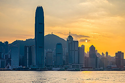 香港,天际线,摩天大楼,香港岛,风景,尖沙嘴,日落,中国,亚洲
