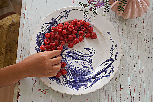手,树莓,盘子
