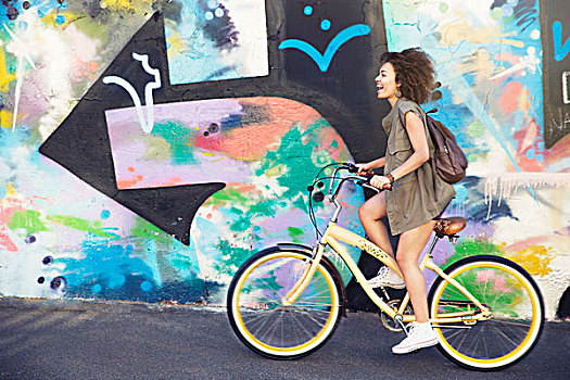 女人,骑自行车,城市,多彩,涂鸦,墙壁