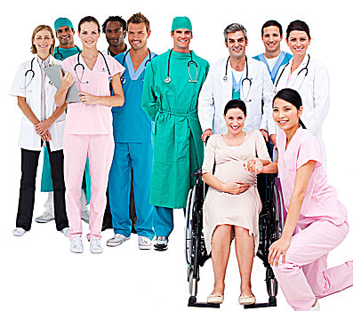 医护人员,孕妇,轮椅,医务人员,站立,后面