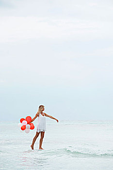 女人,水上行走,束,气球